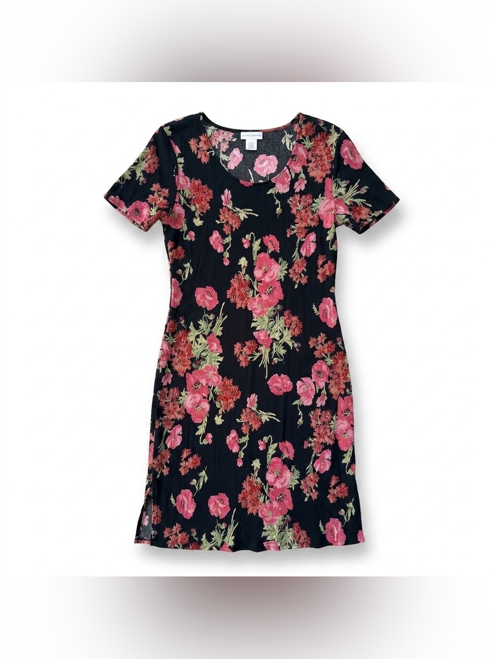 Dress Savvy Black Midi Dress with Pink Floral Print — Casual Scoop Neck
